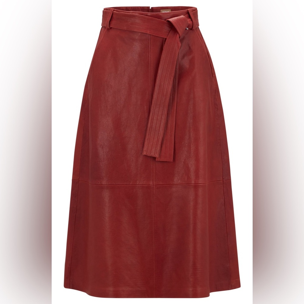 Hugo Boss Tie-Waist Red Faux Leather Midi Skirt US Size 10 2025